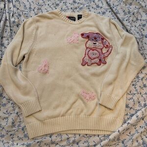 Upcycled Chaps Cream Sweater with Pink Dog patchwork